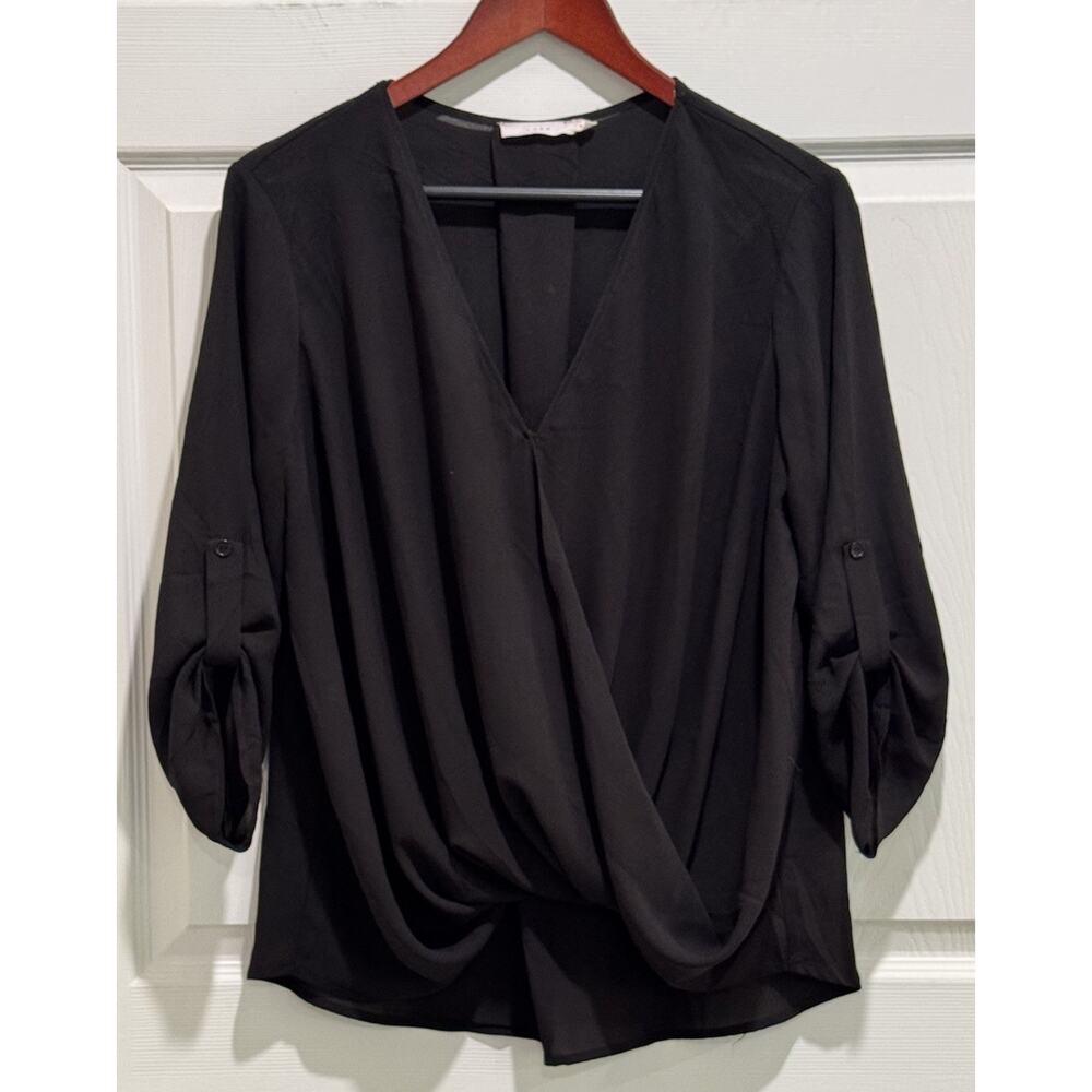 Lush Black Blouse Sz Medium Faux Wrap 3/4-Sleeve Modern Dressy Top Hi Low Hem